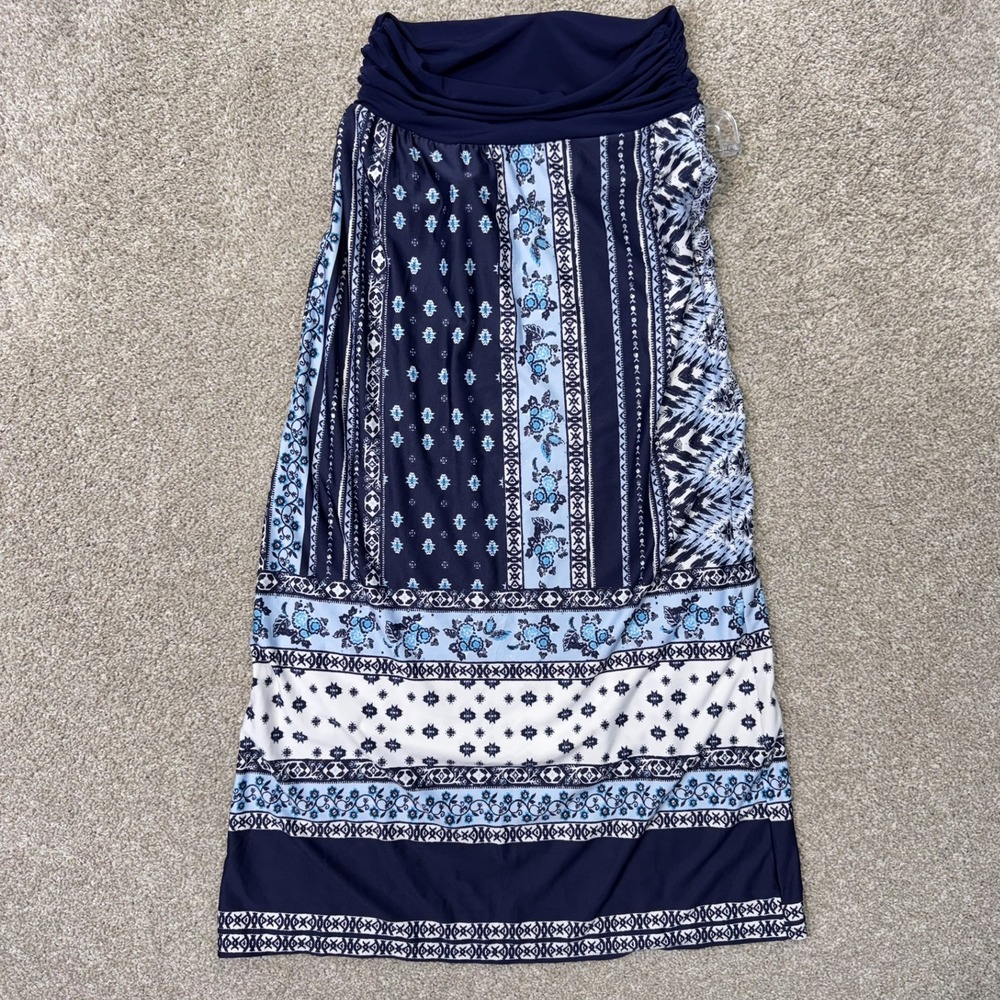I.N. Studio Maxi Skirt Womens PL Petite Large Boho Floral Navy Blue EUC